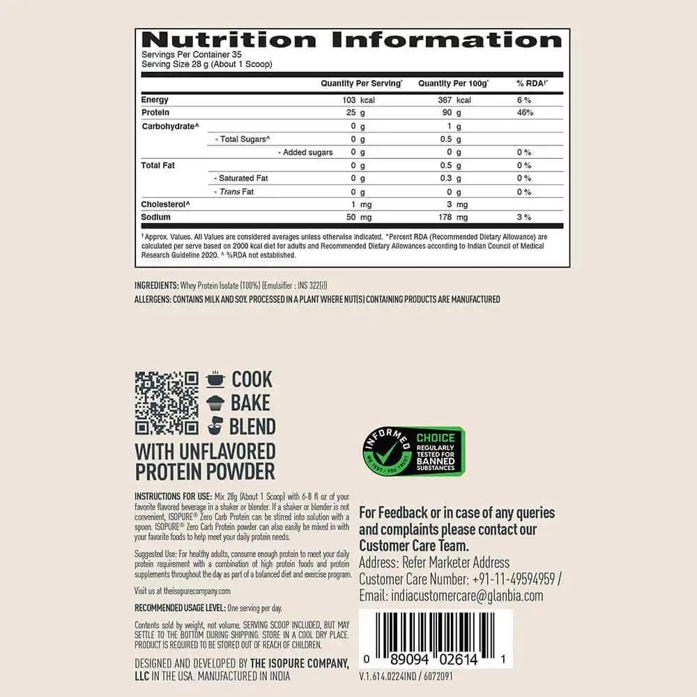 Isopure 100% Whey Protein Isolate, 1 kg (2.2 lb), Zero Carb - Unflavoured - 