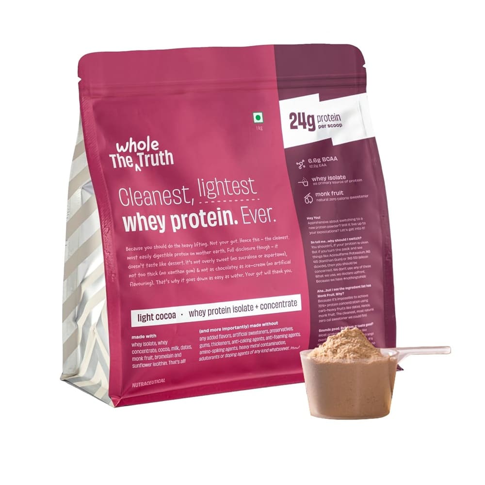 The Whole Truth Whey Protein Isolate + Concentrate 1 kg - 24G Protein - Light Cocoa