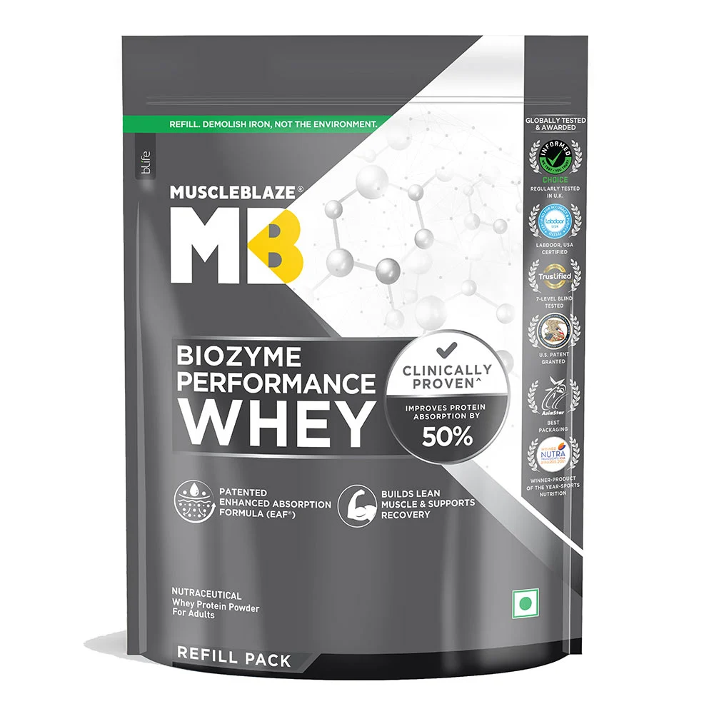 MuscleBlaze Biozyme Performance Whey, Refill Pack, 1Kg - Rich Chocolate