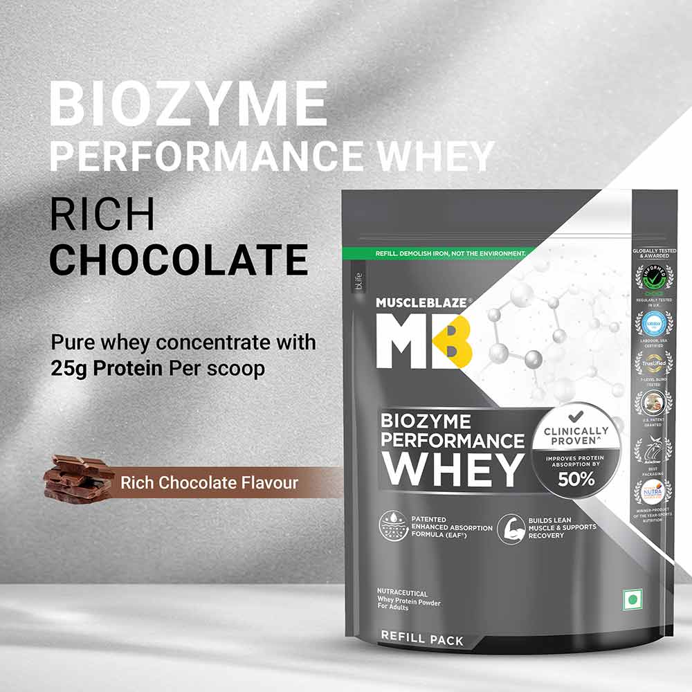 MuscleBlaze Biozyme Performance Whey, Refill Pack, 1Kg - Rich Chocolate
