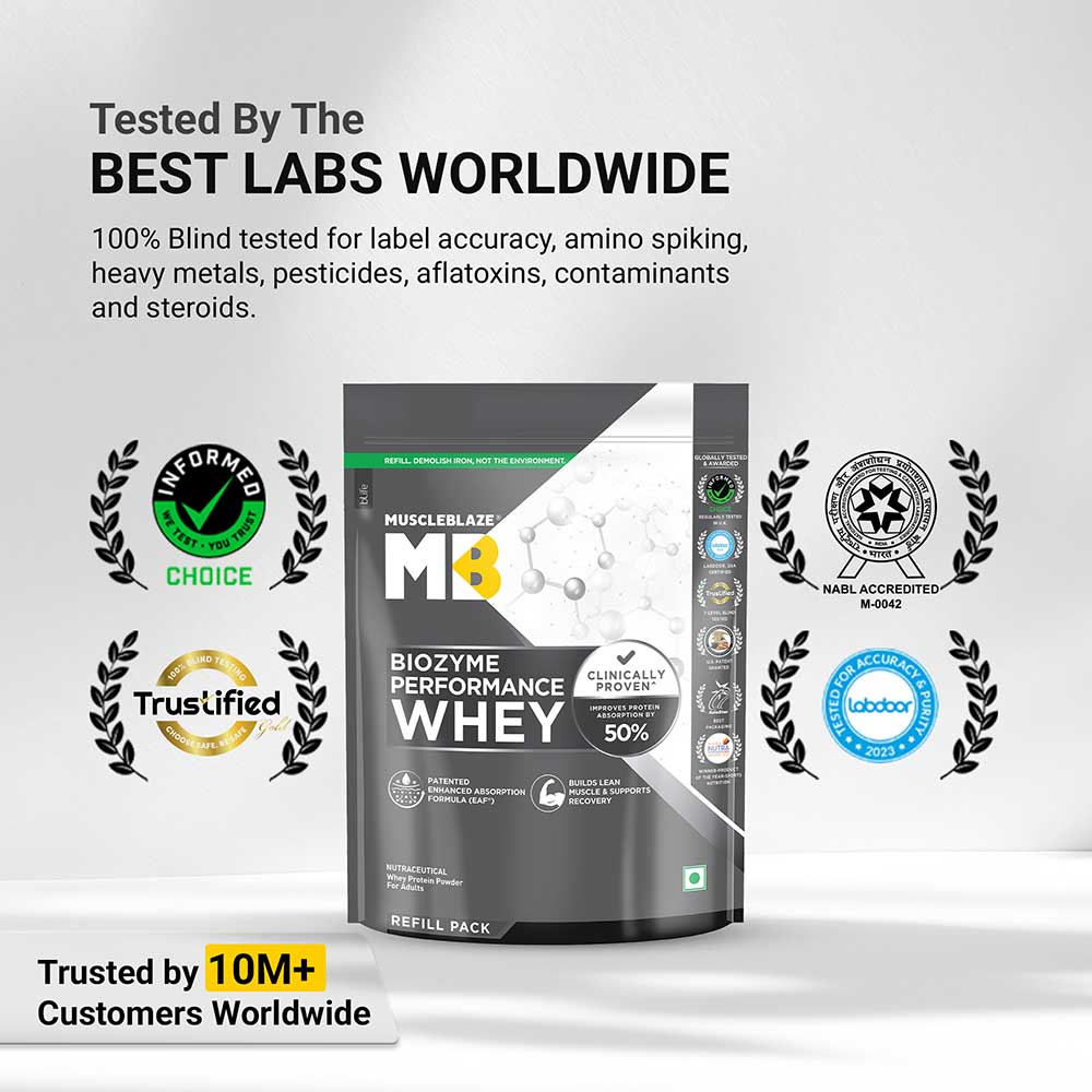 MuscleBlaze Biozyme Performance Whey, Refill Pack, 1Kg - Rich Chocolate