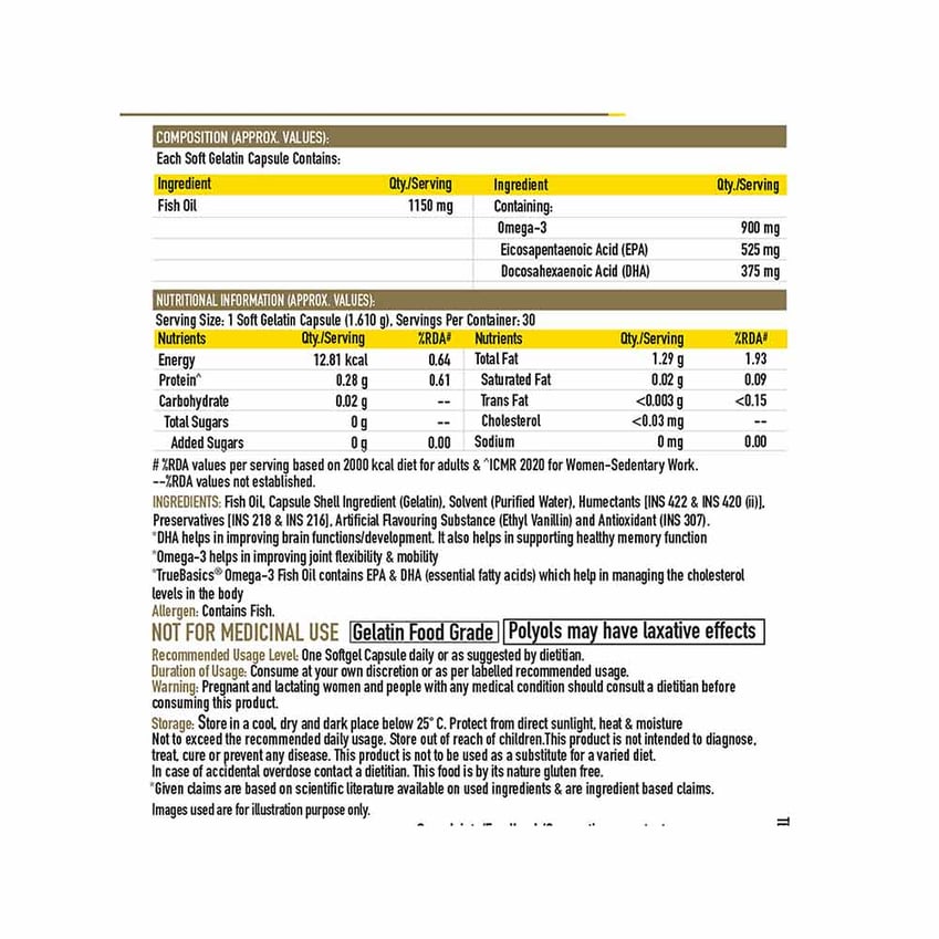 TrueBasics Fish Oil with 1150mg Omega-3 525mg EPA 375mg DHA, 30 capsules - 