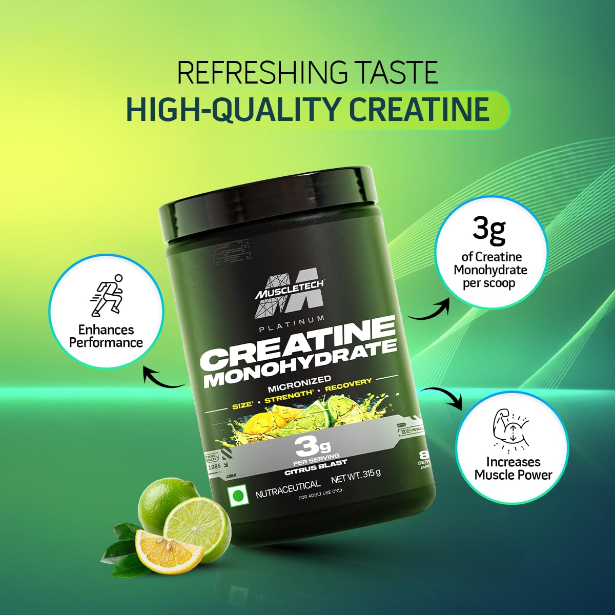 MuscleTech Platinum Creatine Micronized Powder - Flavoured, 83 Servings - Citrus Blast